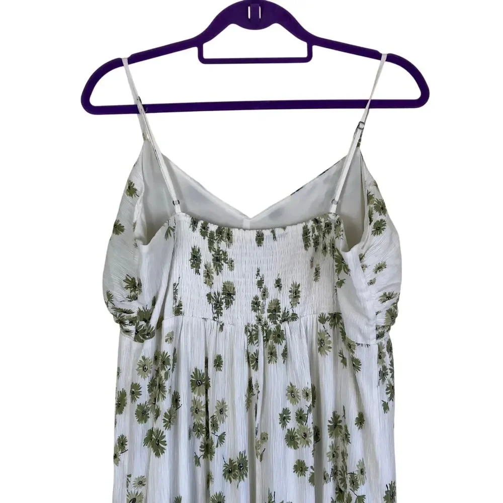 Abercrombie & Fitch Sz XL Babydoll Maxi Dress White Green Floral Crinkle